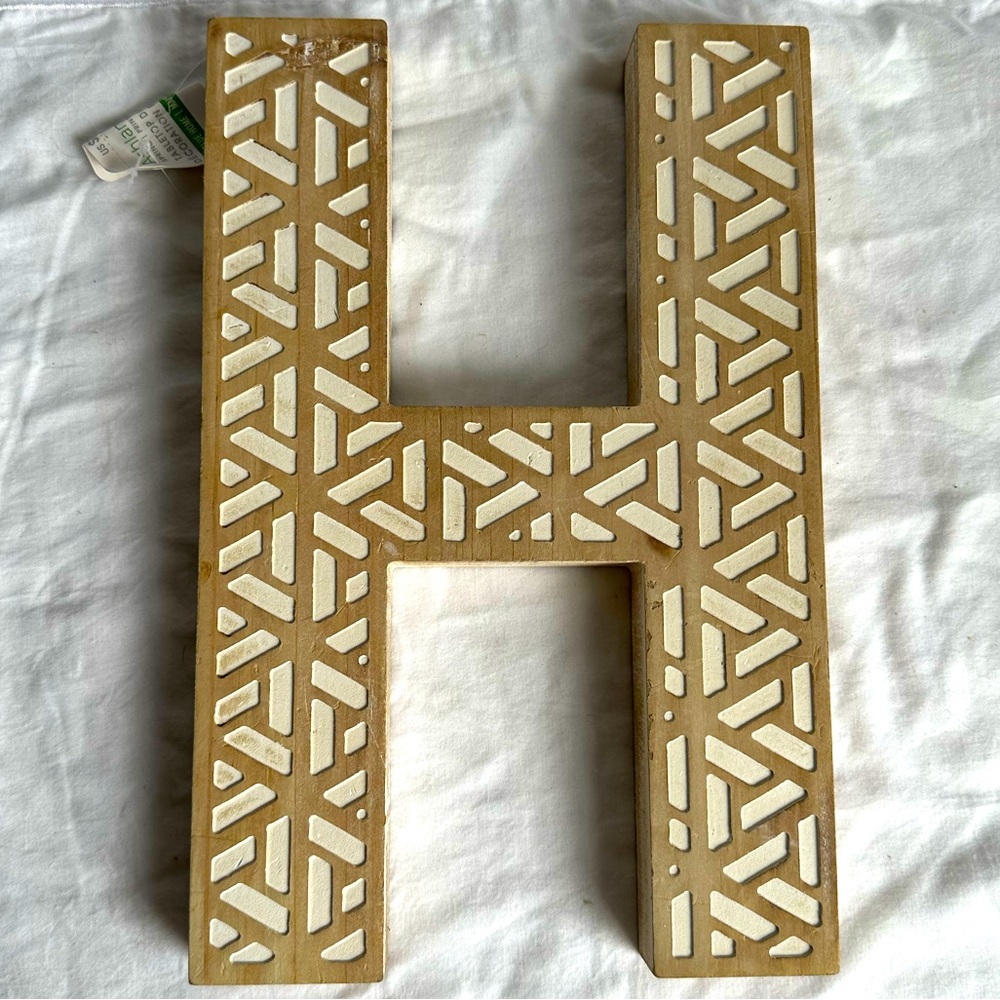 New Large Wooden Letter H with Geometric Cutout Design
